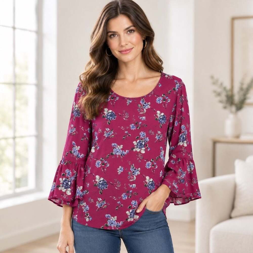 ELLE Floral Print Ruffle Sleeve Blouse Size XL Magenta Purple